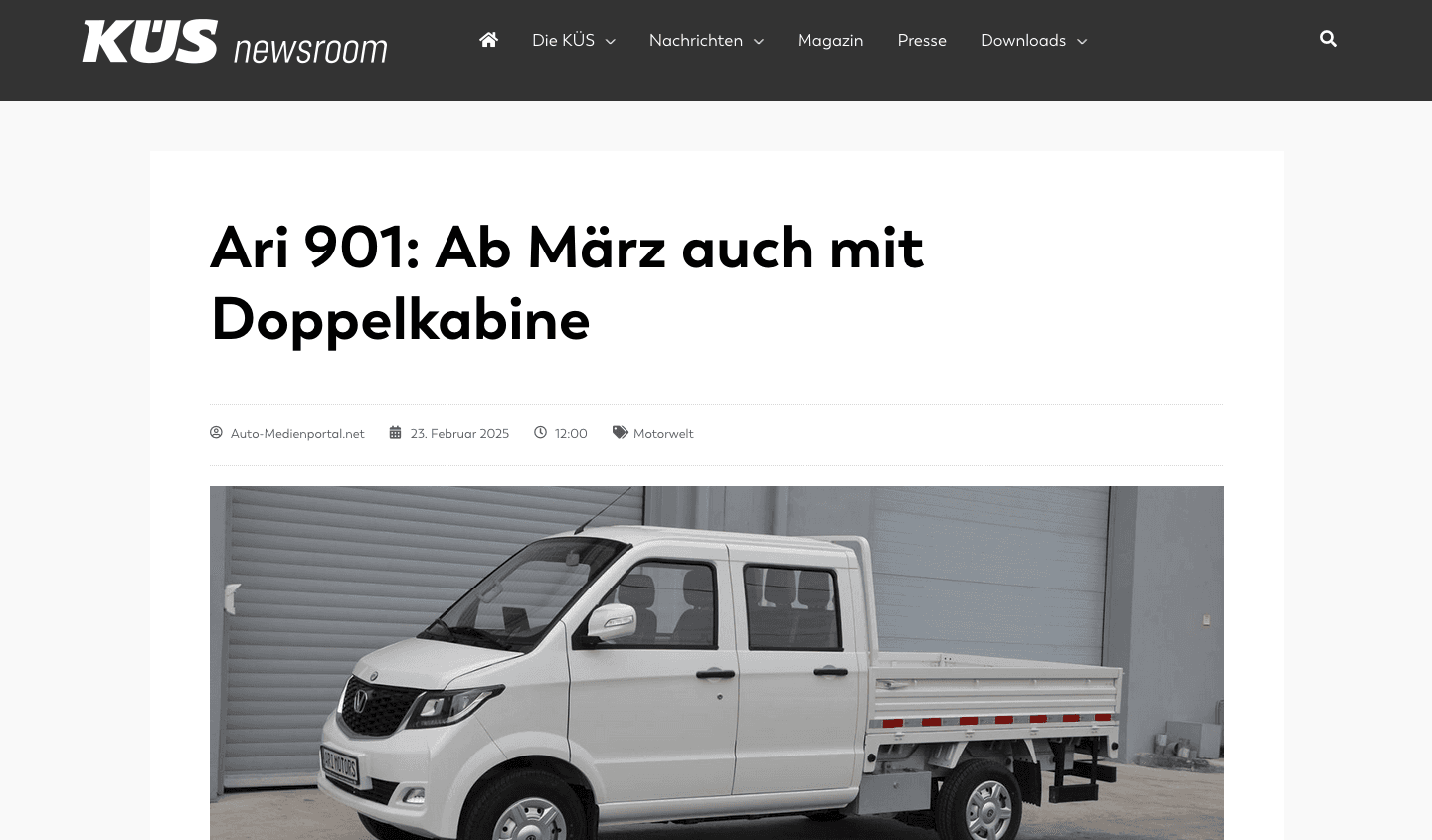 KÜS Newsroom berichtet über den neuen ARI 901 mit Doppelkabine