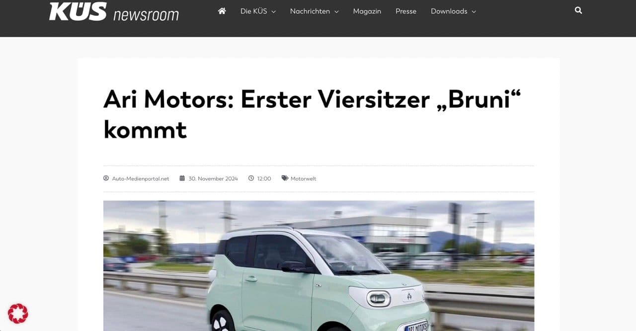 KÜS Newsroom über den Ari Bruni: Erster Viersitzer von ARI Motors