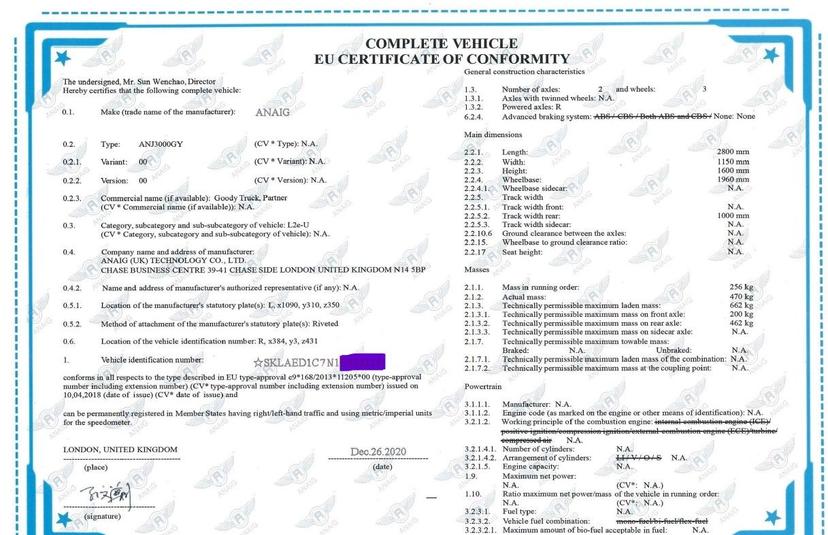 COC Unterlagen für ARI 345 Lastenmoped