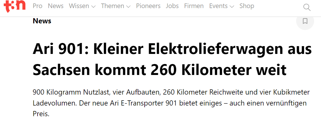 t3n Digital Pioneers berichten über ARI 901 als flexibles Lieferfahrzeug aus Sachsen
