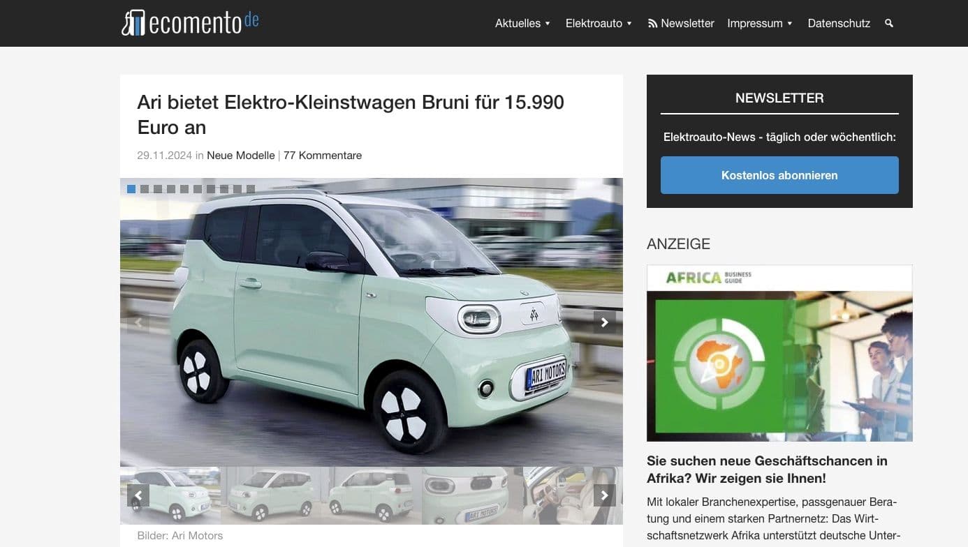 Ecomento stellt Elektro-Kleinstwagen ARI Bruni vor