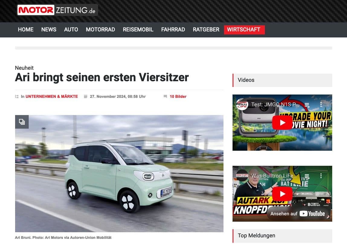 Motorzeitung berichtet über den ARI Bruni: Der erste Viersitzer von ARI Motors für urbane Elektromobilität