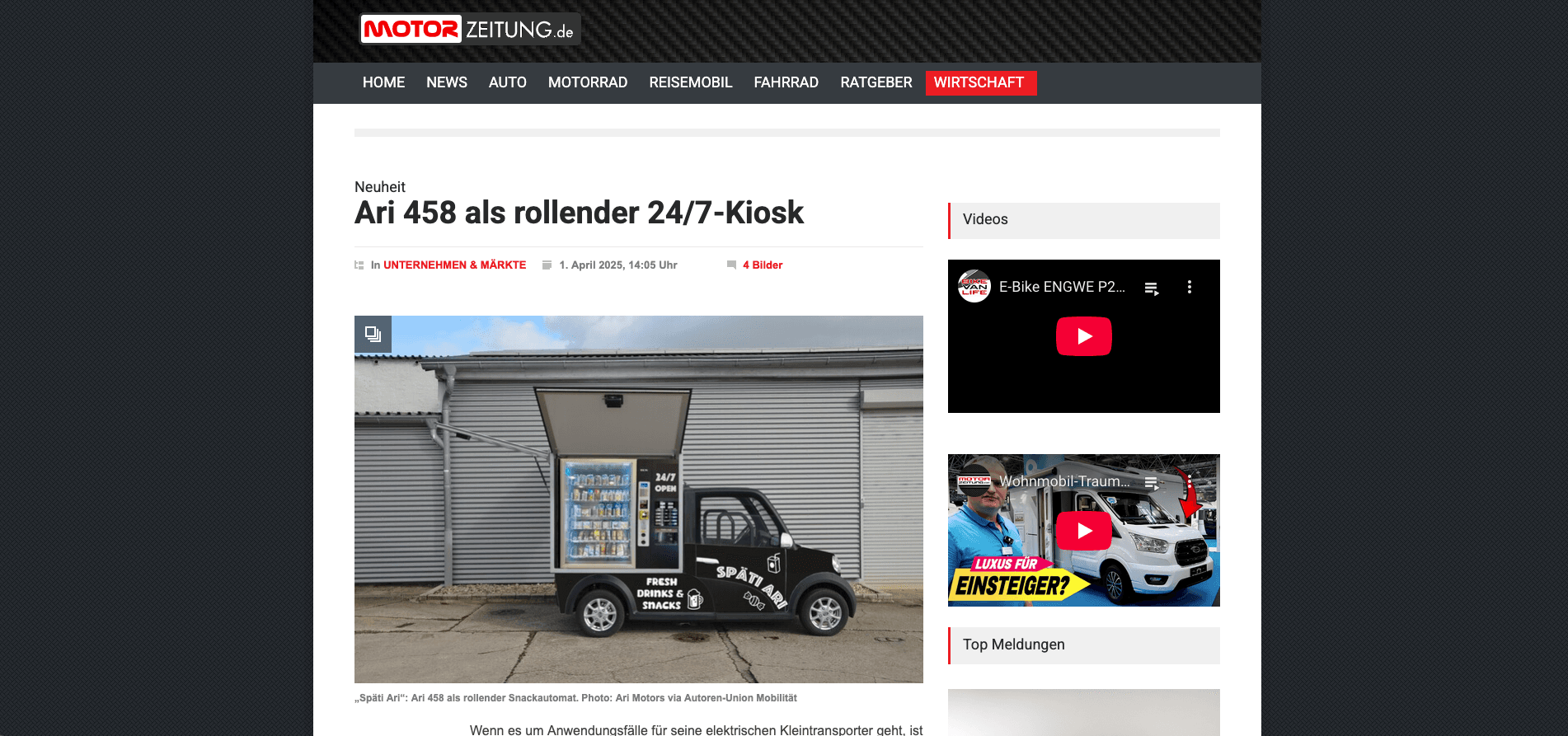 Motorzeitung stellt ARI 458 als rollender 24/7-Kiosk vor