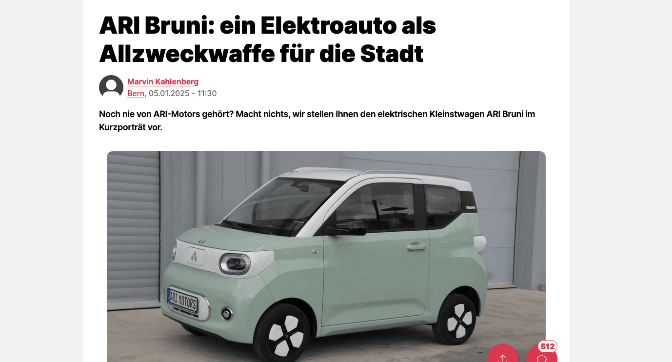 Schweizer Nachrichtenportal Nau stellt das Elektroauto ARI Bruni vor