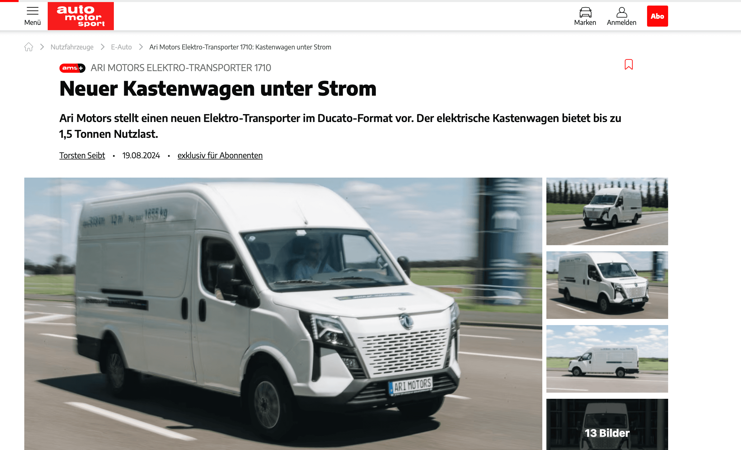 Auto Motor und Sport stellt ARI 1710 als neuen elektrischen Kastenwagen vor