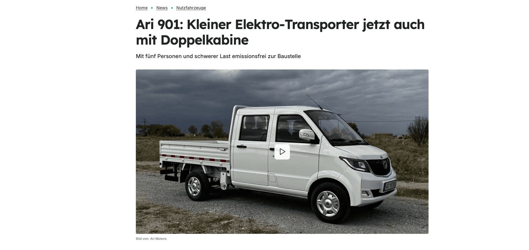 InsideEVs berichtet über den neuen ARI 901 mit Doppelkabine