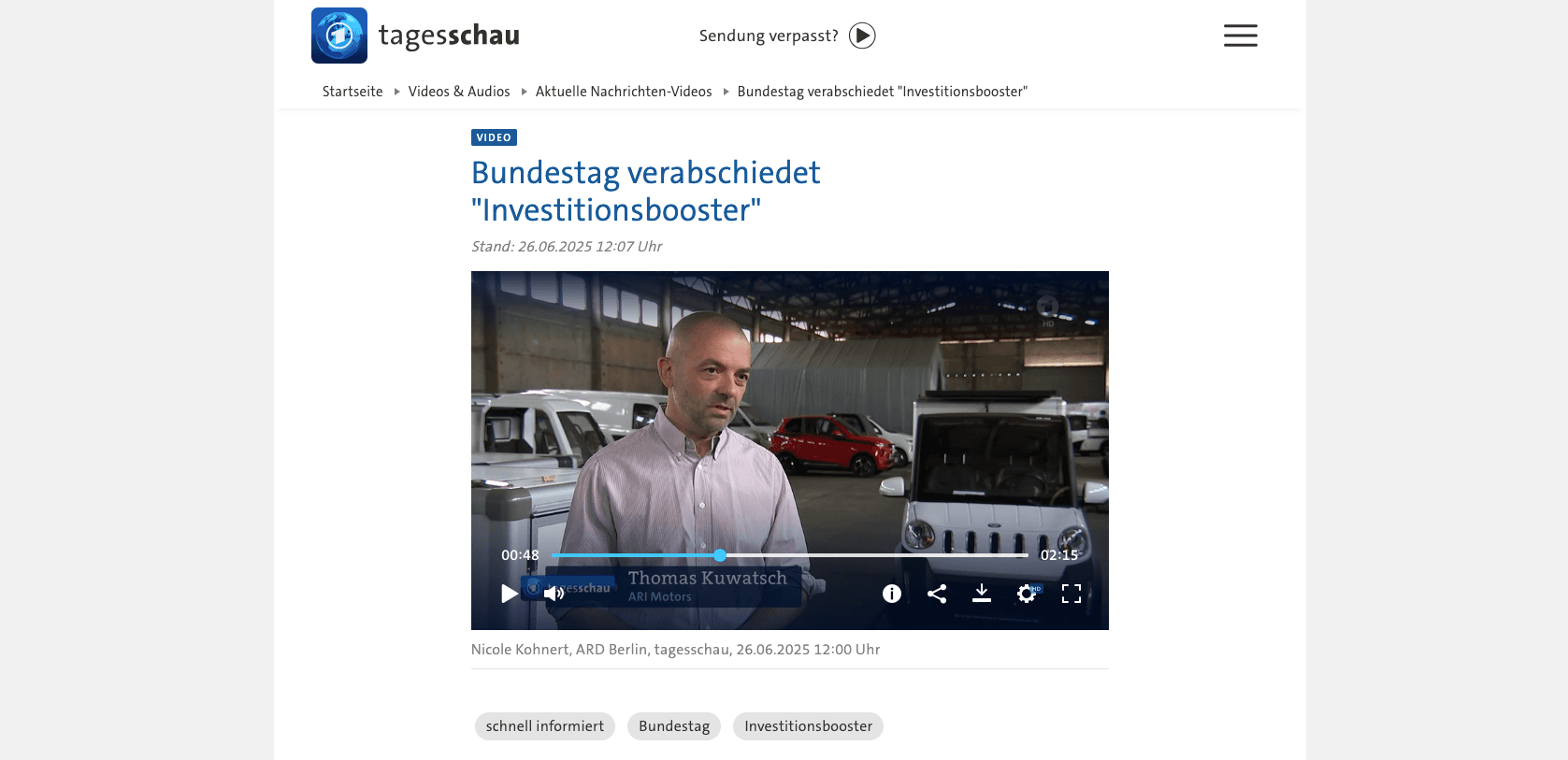 Die Tagesschau berichtet über ARI Motors und die geplanten Sonderabschreibungen der Bundesregierung