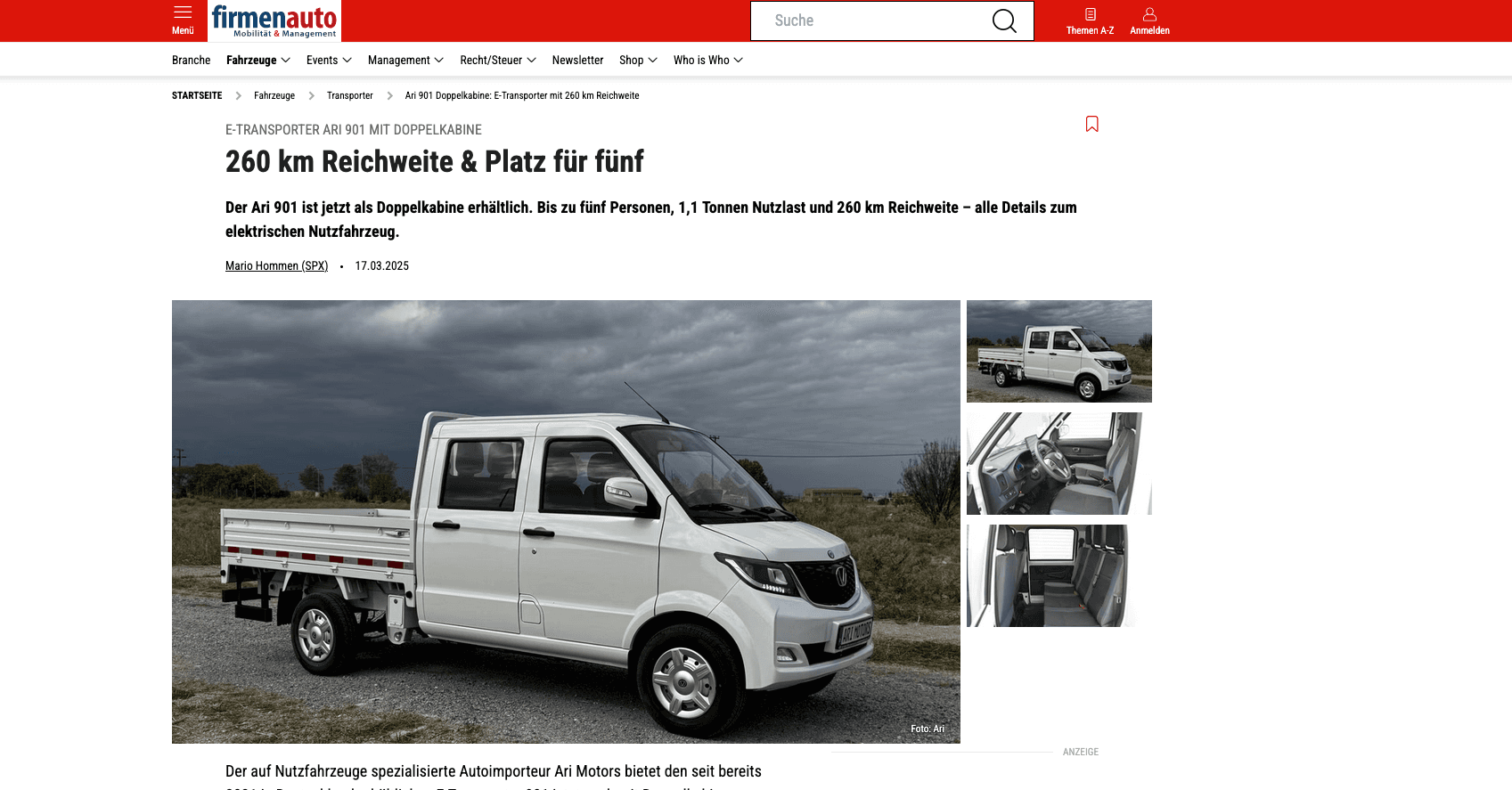 Firmenauto stellt Elektrotransporter ARI 901 mit Doppelkabine vor