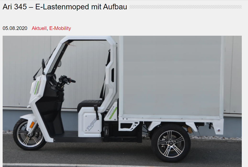 Automagazin berichtet über E-Lastenmoped mit Aufbau von ARI Motor