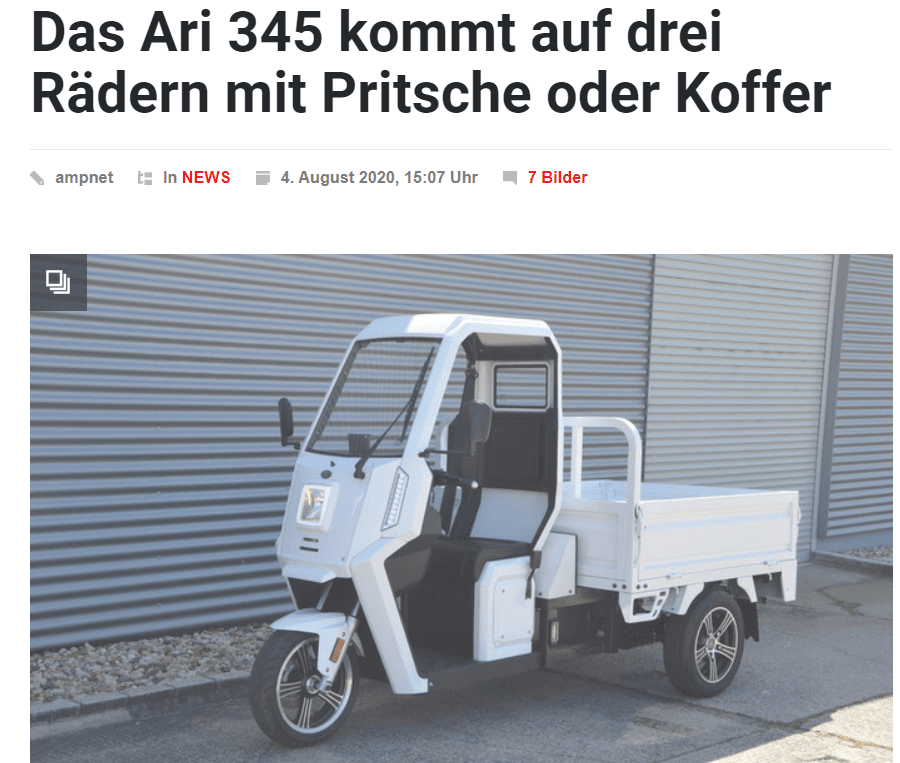 Firma ARI Motors prezentuje dzisiaj nowy trójkołowy pojazd transportowy