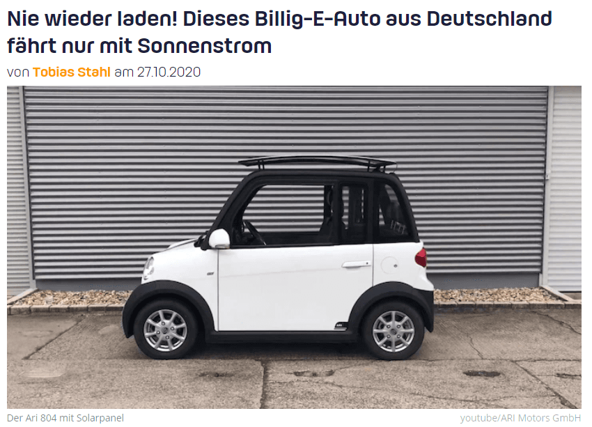 Chip-EMobilität na małym pojazdzie elektrycznym z panelem słonecznym, ARI 804 Solar.