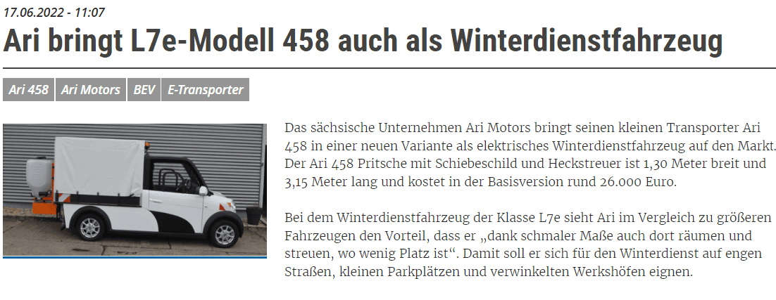 Electrive über den neuen Winterdienst-ARI von ARI Motors