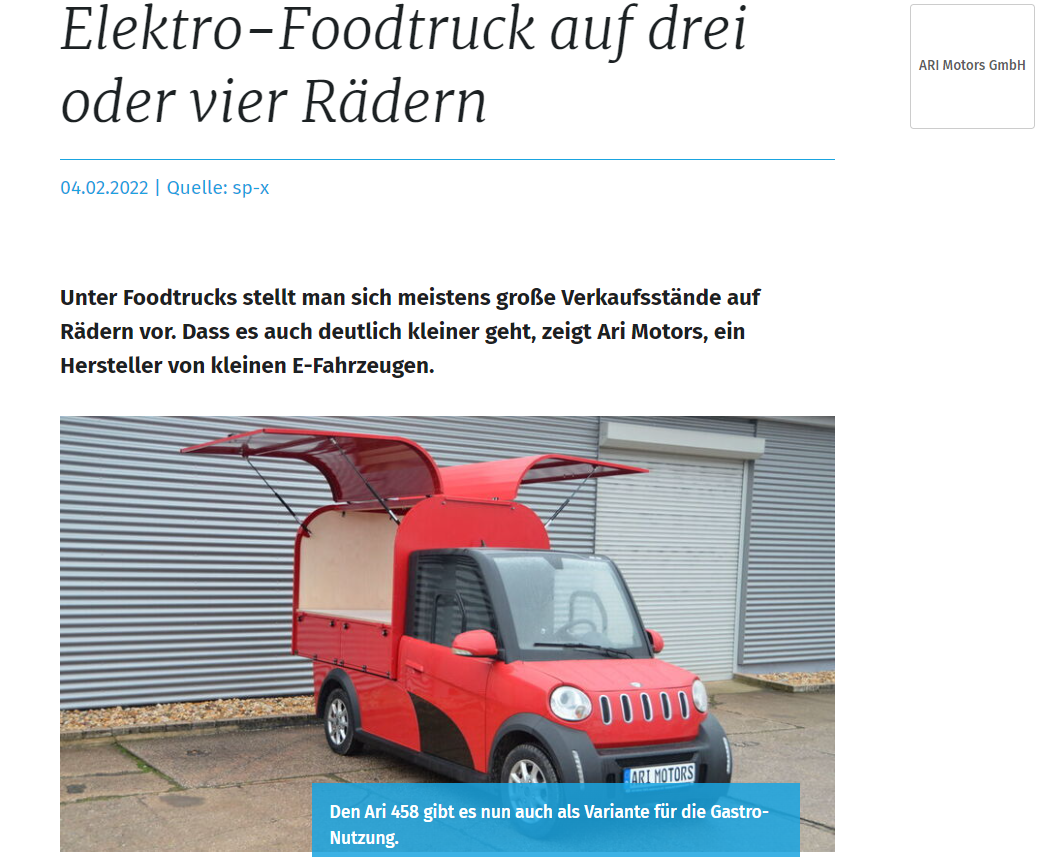 Next Mobility informiert über drei- bzw. vierrädrige elektrische Food Trucks von ARI Motors