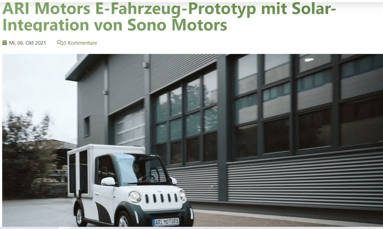 Elektroauto-News.de informuje o zastosowaniu integracji słonecznej Sono Motors na ARI 458 Solar.