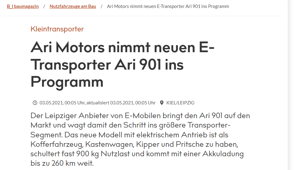 B-I Medien über ARI Motors “Schritt ins größere Transporter-Segment”
