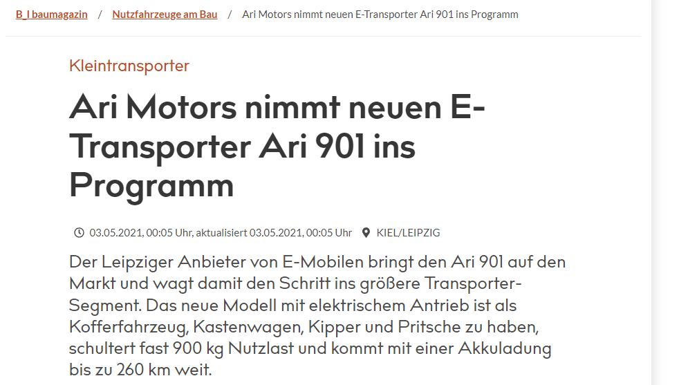 B-I Medien o ARI Motors "Krok w większy segment transporterów"