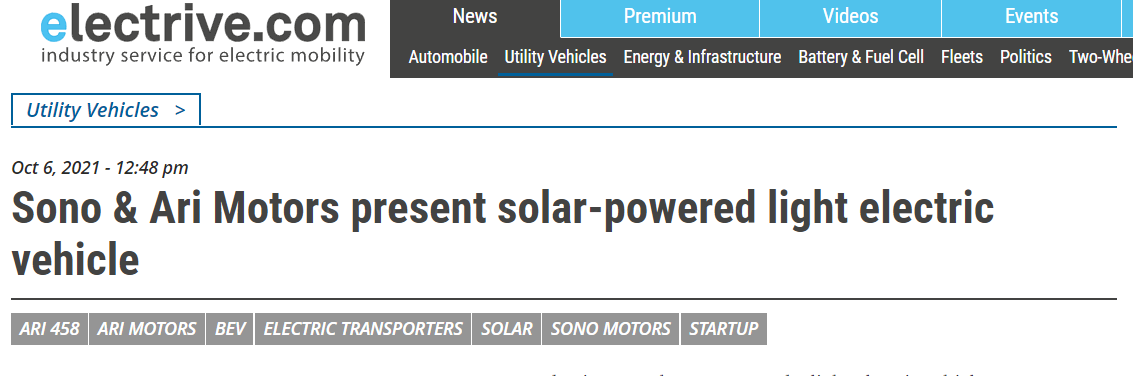 Electrive bespricht Prototyp ARI 458 Solar und Zusammenarbeit von Sono Motors und ARI Motors
