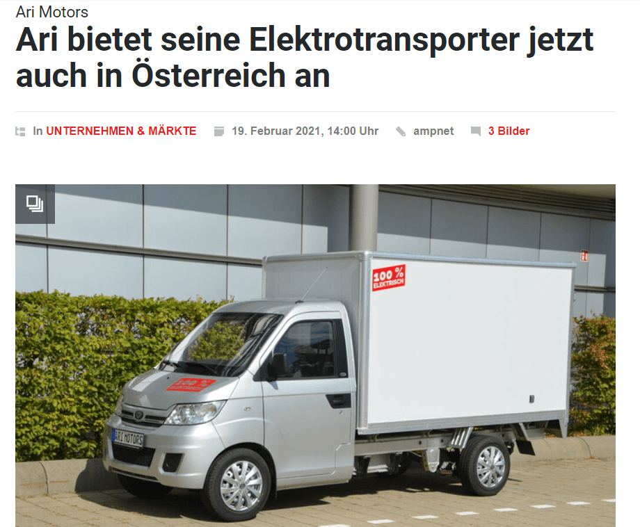 Die Motorzeitung informuje o sprzedaży pojazdów elektrycznych ARI w Austrii.