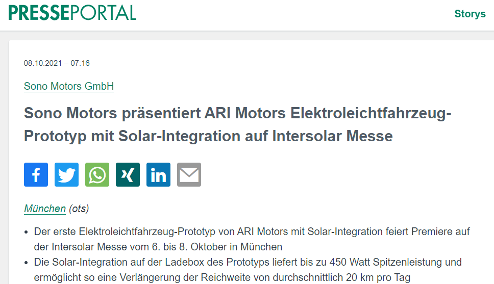 Presseportal berichtet über Ausstellung des ARI 458 Solar auf der Intersolar in München