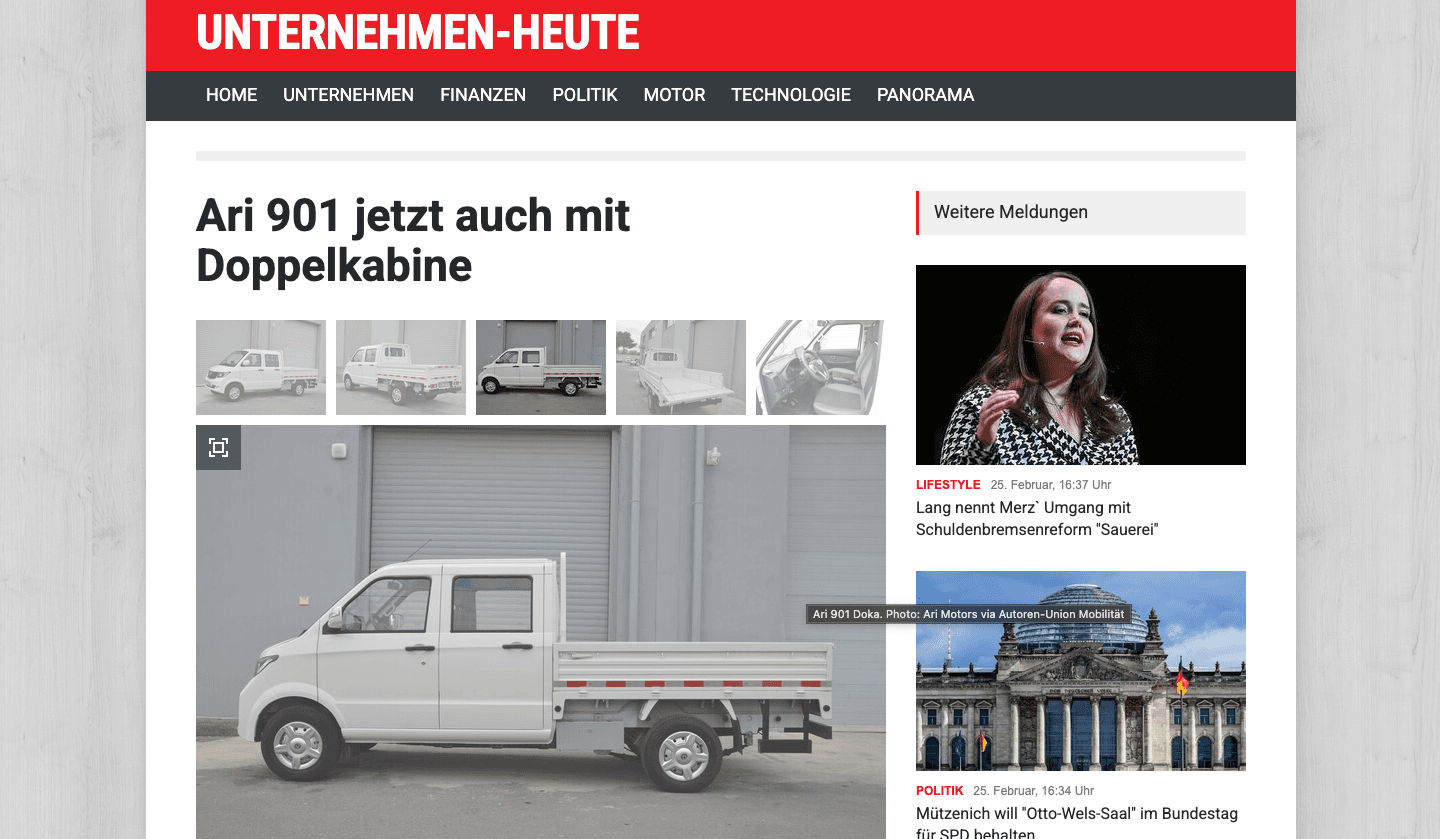 Unternehmen-Heute berichtet über den ARI 901 mit Doppelkabine