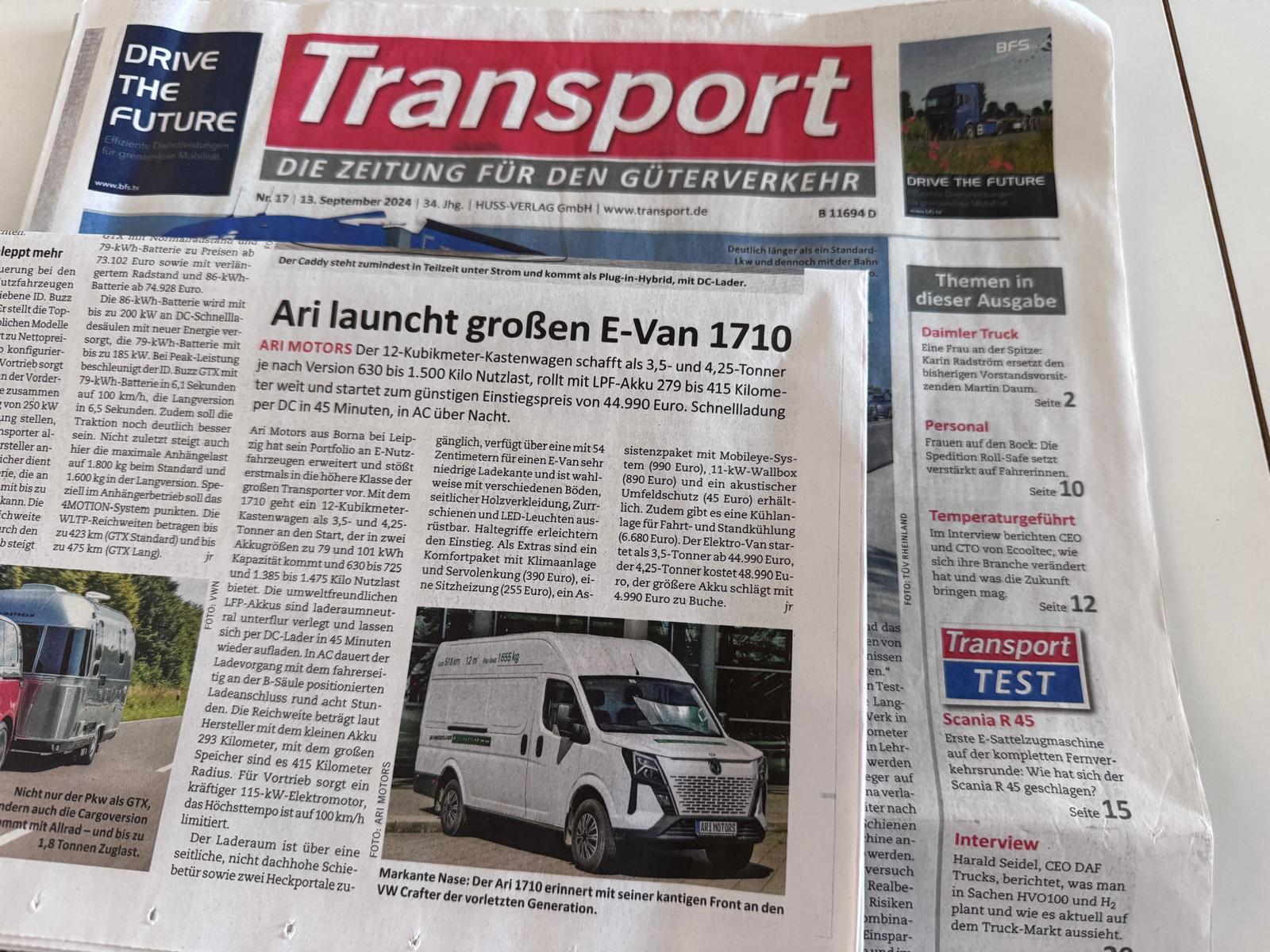 Transport - Die Zeitung für Güterverkehr über E-Van ARI 1710