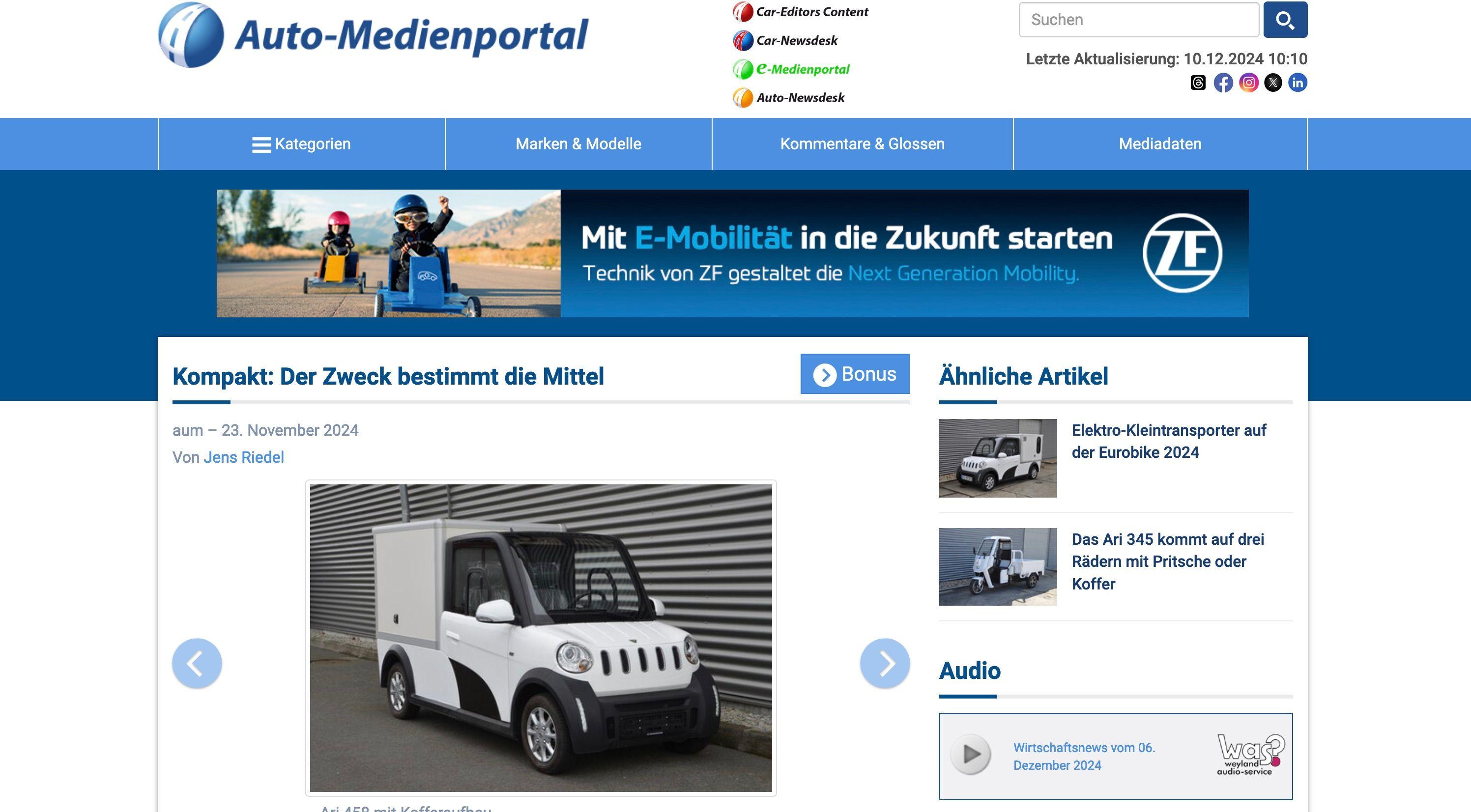 Automedienportal berichtet über die vielseitigen Elektro-Nutzfahrzeuge von ARI Motors