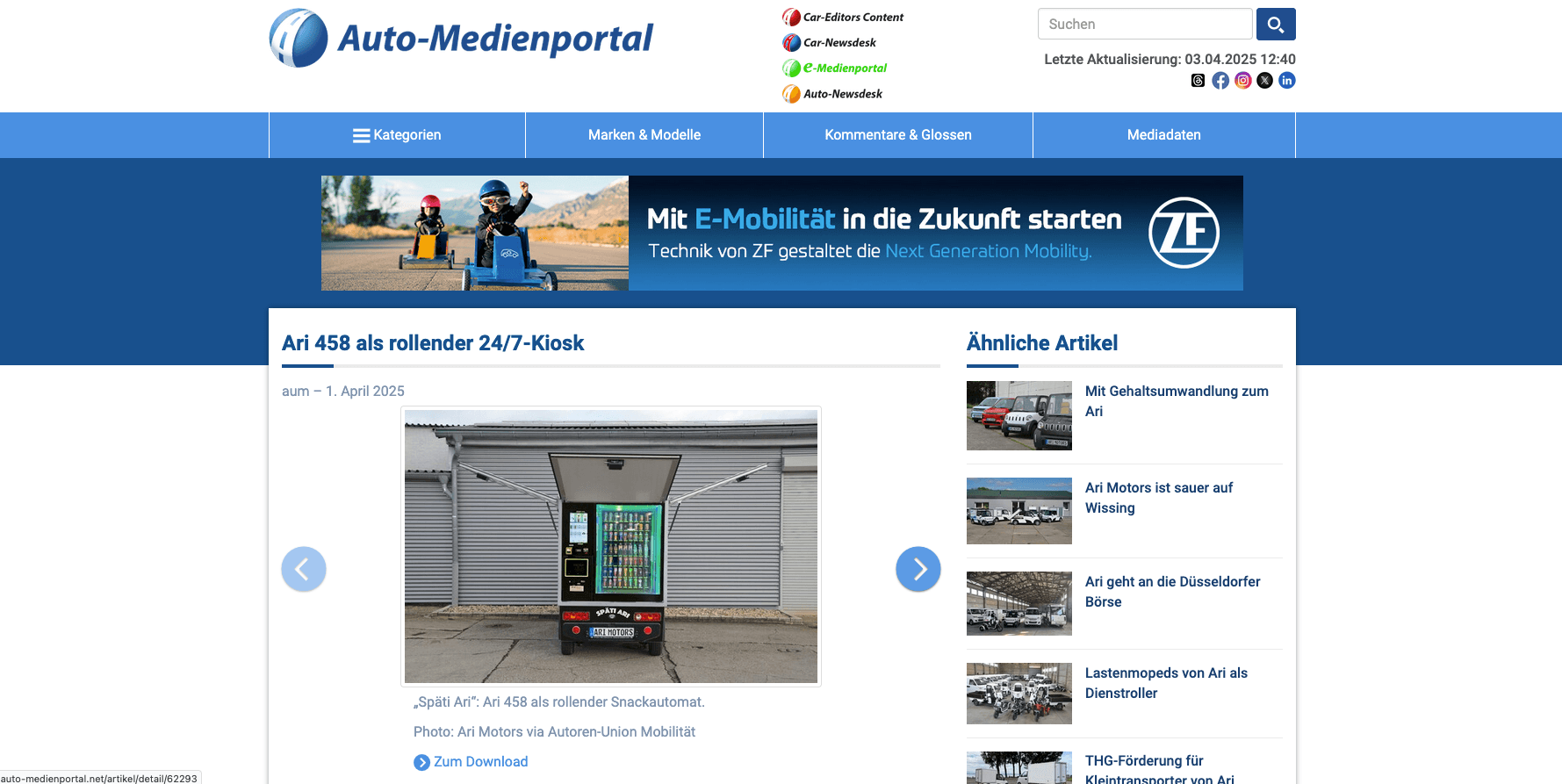 Auto-Medienportal berichtet über ARI 458 als rollender 24/7-Kiosk