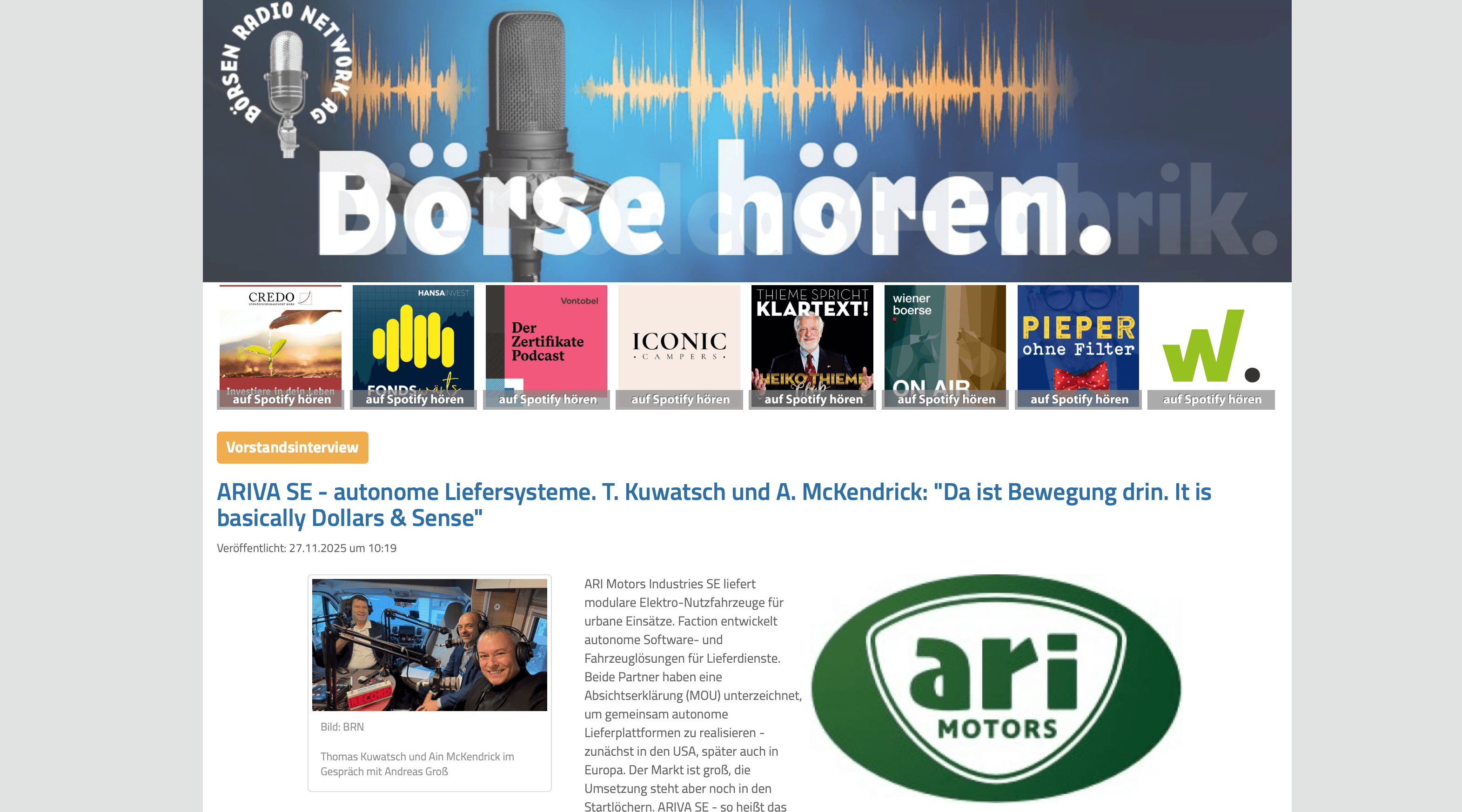 Börsenradio-Audiobeitrag: ARI Motors und Faction präsentieren ARIVA SE – den gemeinsamen Schritt in autonome Lieferplattformen