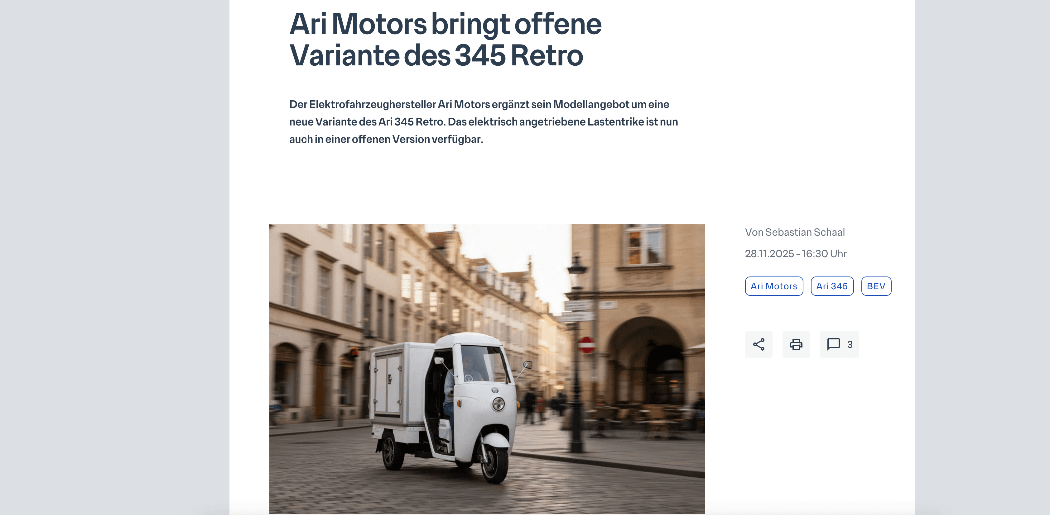 Electrive stellt ARI 345 Retro mit neuer offener Kabinenvariante vor