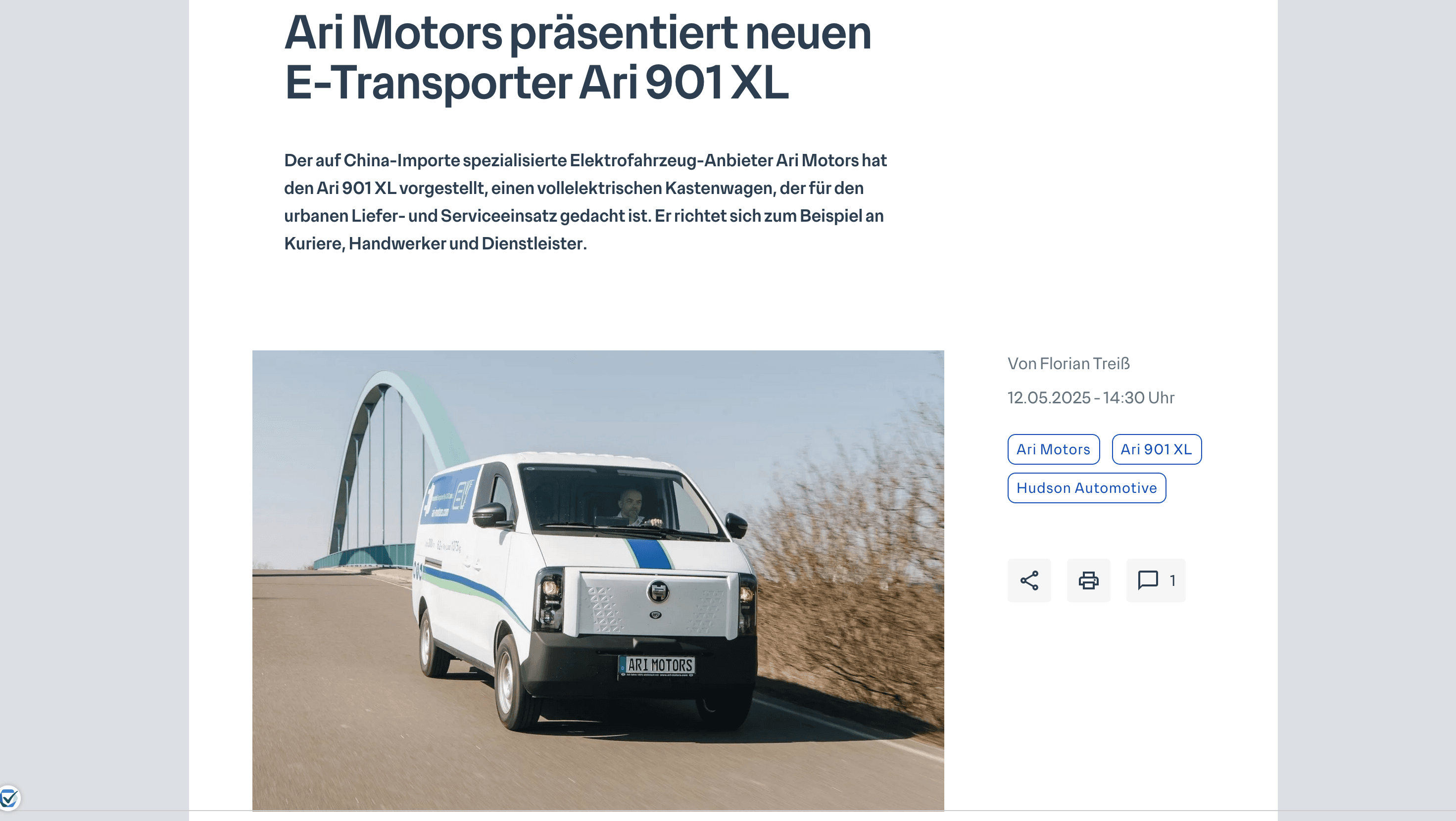 Electrive über den ARI 901 XL: Preisgünstiger E-Transporter für Stadt und Handwerk