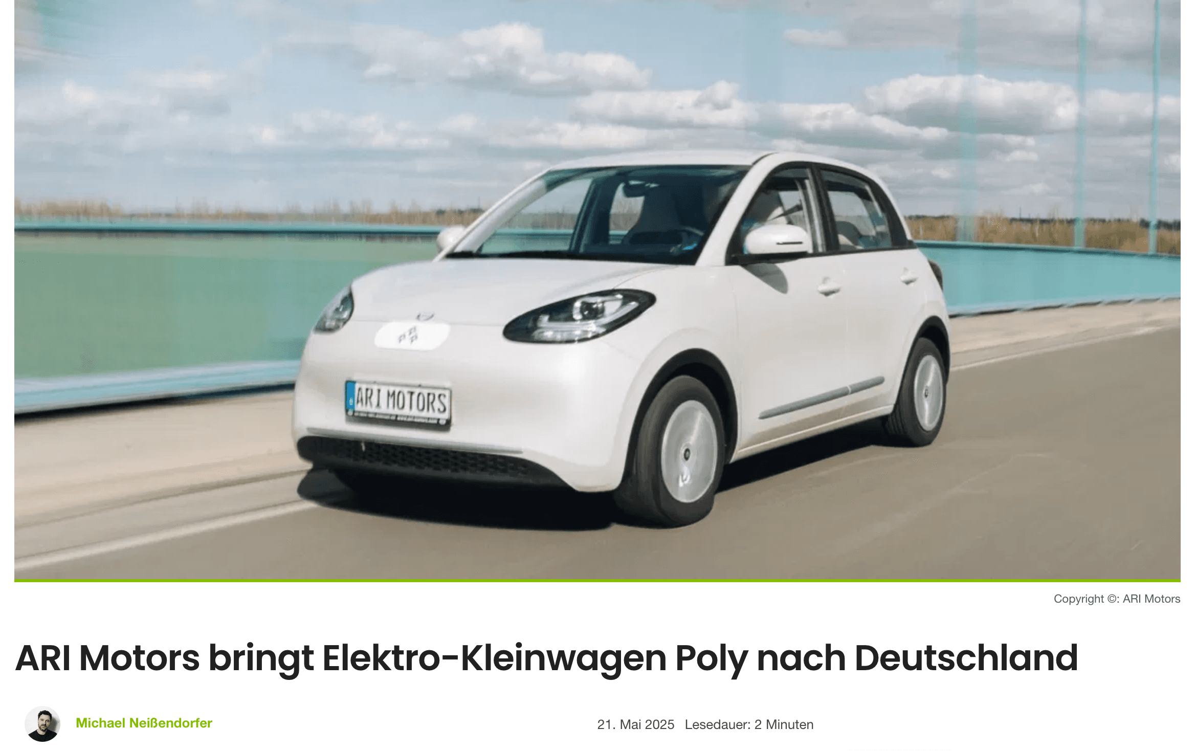Elektroauto-News berichtet über Marktstart des ARI Poly Elektroauto