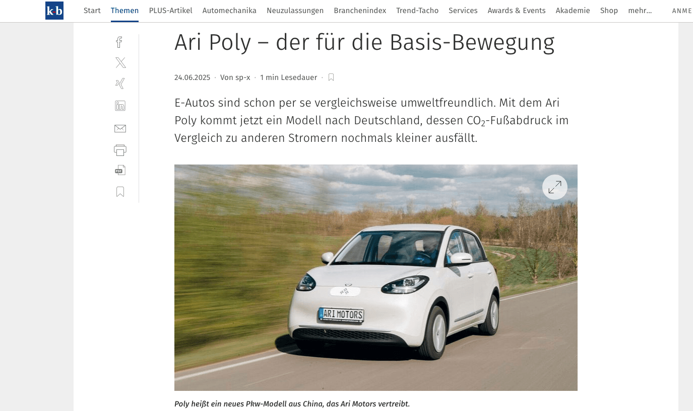 kfz-betrieb berichtet über die Einführung des Elektroauto ARI Poly