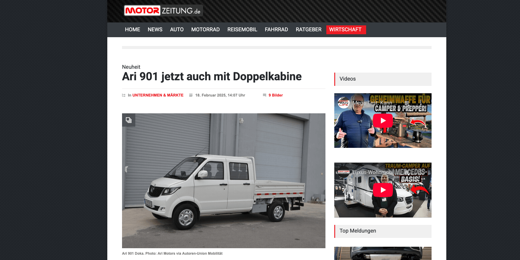Motorzeitung berichtet über den ARI 901 Doppelkabine als Neuheit bei ARI Motors