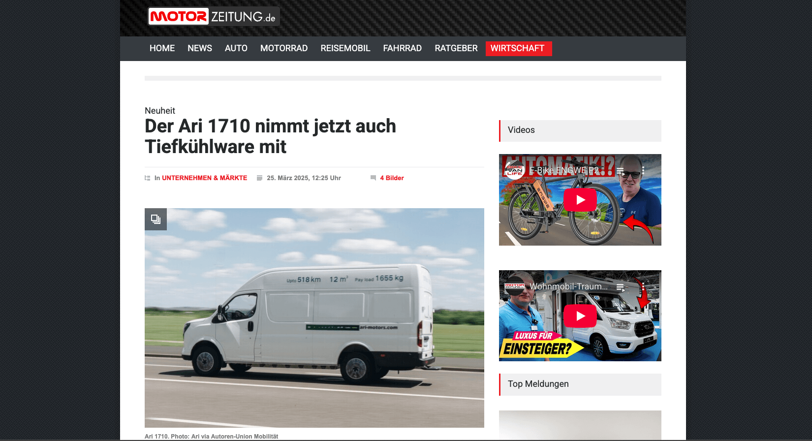 Motorzeitung berichtet über ARI 1710 als Elektro-Kühltransporter