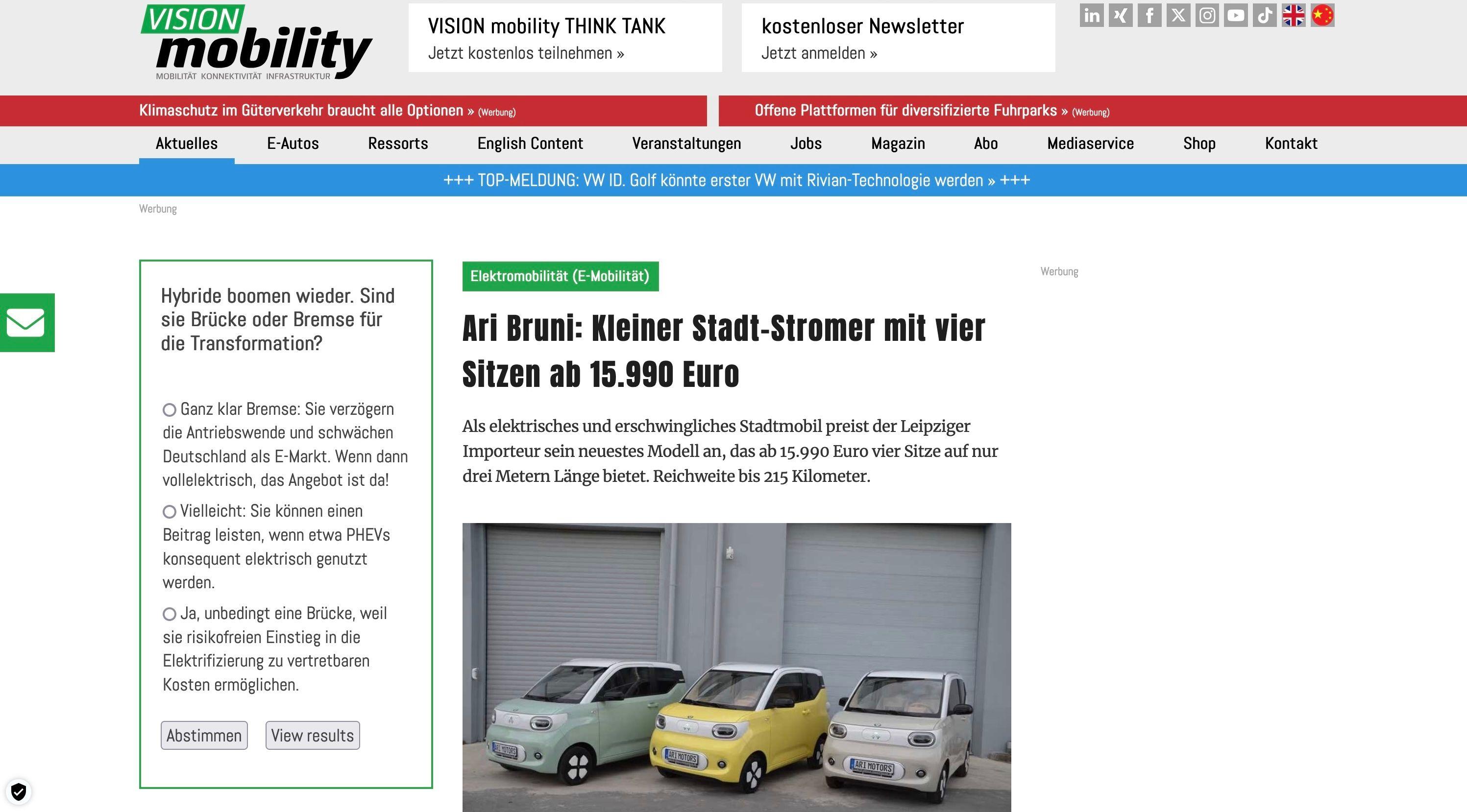 Vision Mobility stellt den ARI Bruni vor, einen kleinen Stadt-Stromer mit vier Sitzen